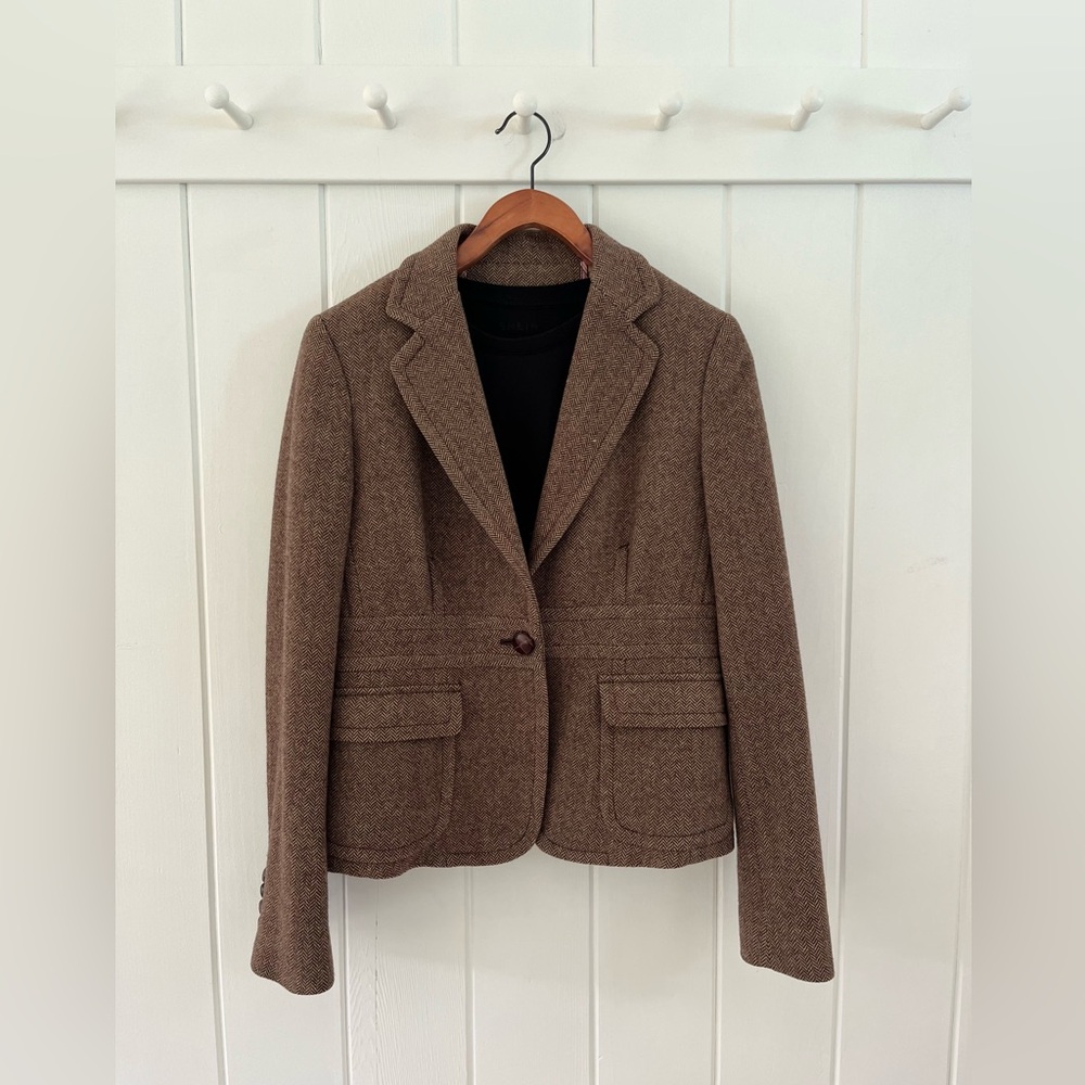 J. Crew Tweed Riding Jacket Blazer Vintage Brown Tweed Leather Buttons Preppy